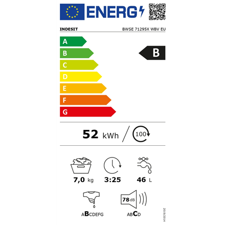 INDESIT Washing machine BWSE 71295X WBV EU	 Energy efficiency class B Front loading Washing capacity 7 kg 1200 RPM Depth 43.5 cm Width 59.5 cm Display Big Digit White