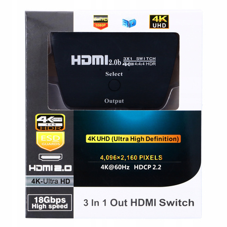 SWITCH HDMI 3x1 PRZEŁĄCZNIK UHD 4K HDCP 2.2 HDR