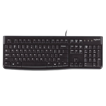 Logitech K120, US Standard Wired • Virtually silent, low-profile keys• Industry standard layout with full-size F-keys and number pad• Sleek, thin profile keyboard with a spill-resistant design*• Plug-and-play USB connection• Bold, bright white characters 