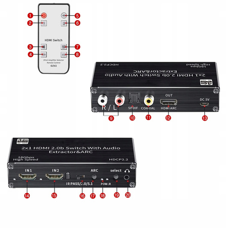 SWITCH HDMI 2.0 2x1 ROZDZIELAC EKSTRAKTOR SPDIF 4K