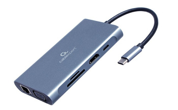 Adapter USB-C męski do Hub3.0 + HDMI + VGA + PD + czytnik kart + audio jack Gembird szary