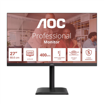 AOC U27E4CV | 27 " | IPS | UHD | 16:9 | 60 Hz | 4 ms | 3840 x 2160 pixels | 400 cd/m² | HDMI ports quantity 2 | Black