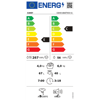 Candy Washing Machine with Dryer | CSHW 4645TW3/1-S | Energy efficiency class C/E | Front loading | Washing capacity 6 kg | 1400 RPM | Depth 45 cm | Width 60 cm | Display | Digit | Drying system | Drying capacity 4 kg | Steam function | White