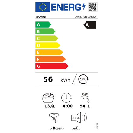 Hoover Washing Machine H3WS413TAMCE/1-S Energy efficiency class B Front loading Washing capacity 13 kg 1400 RPM Depth 67 cm Width 60 cm Display LED NFC White