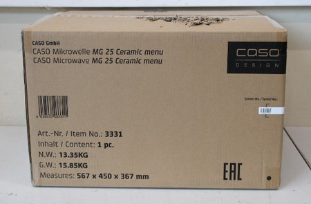 SALE OUT. Caso MG 25 Ceramic Microwave with Grill, Free standing, 900 W, 25 L, Black | Caso | Microwave oven with Grill | MG 25 | Free standing | 900 W | Grill | Silver | DAMAGED PACKAGING