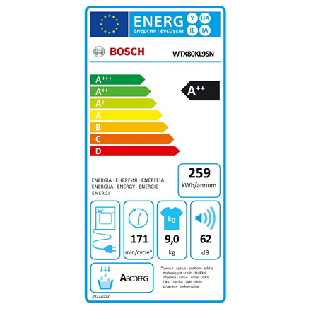Bosch Dryer Machine with Heat Pump WTX80KL9SN Energy efficiency class A++, Front loading, 9 kg, Sensitive dry, LED, Depth 61.3 cm, Steam function, White