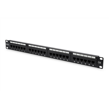 Digitus Patch Panel DN-91624U Black 48.2 x 4.4 x 10.9 cm Category: CAT 6; Ports: 24 x RJ45; Retention strength: 7.7 kg; Insertion force: 30N max