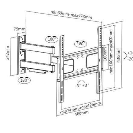 Sunne Wall mount 23-42-EAX2 32-55 " Full motion Maximum weight (capacity) 50 kg Black