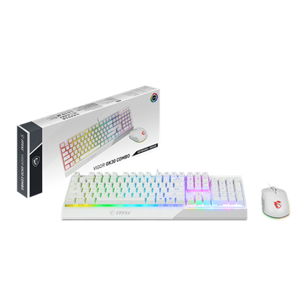 MSI Vigor GK30 COMBO WHITE Keyboard and Mouse Set Wired Mouse included Keyboard stunning RGB lighting effects in 6 areas. CLUTCH GM11 gaming mouse Stunning RGB lighting with over 7 lighting effects. 5-level DPI sensor matches with 5 different colors US Wh