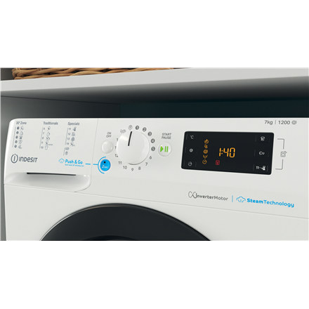 INDESIT Washing machine BWSE 71295X WBV EU	 Energy efficiency class B Front loading Washing capacity 7 kg 1200 RPM Depth 43.5 cm Width 59.5 cm Display Big Digit White