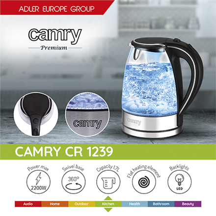 Camry Kettle CR 1239 Electric 2000 W 1.7 L Glass 360° rotational base Black