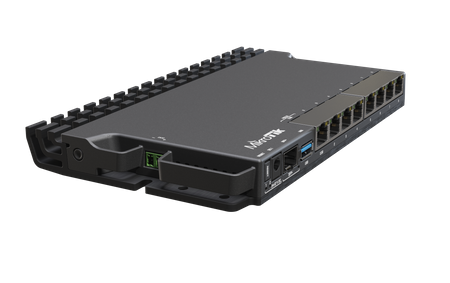 MikroTik Wired Ethernet Router RB5009UG+S+IN, Quad core 1.4 GHz CPU, 1xSFP+, 7xGigabit LAN, 1x2.5G LAN, 1xUSB, Can be powered in 3 different ways, CPU temperature monitor, Mounts FOUR of these Routers in a Single 1U Rackmount Space, RouterOS L5 MikroTik W