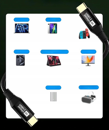 KABEL USB 3.2 Thunderbolt 3 100W 20Gbps 8K60Hz 4K120Hz PRZEWÓD USB C 1M