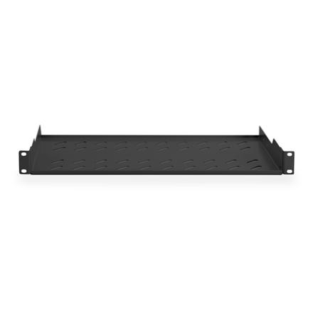 Digitus Fixed Shelf for Racks DN-19 TRAY-1-SW Black The shelves for fixed mounting can be installed easy on the two front 483 mm (19“) profile rails of your 483 mm (19“) network- or server cabinet. Due to their stable, perforated steel sheet with a high l