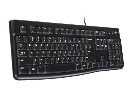 Logitech K120, US Standard Wired • Virtually silent, low-profile keys• Industry standard layout with full-size F-keys and number pad• Sleek, thin profile keyboard with a spill-resistant design*• Plug-and-play USB connection• Bold, bright white characters 