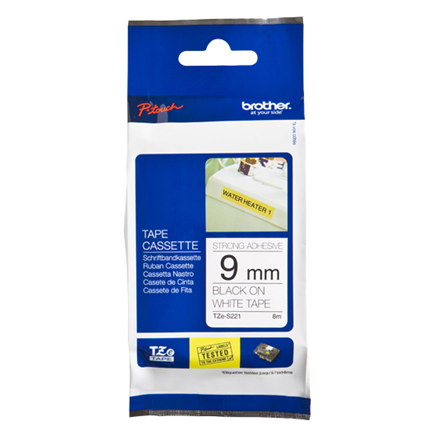 Brother TZe-S221 Strong Adhesive Laminated Tape Black on White, TZe, 8 m, 9 mm