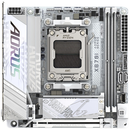 Gigabyte X870I AORUS PRO ICE | Processor family AMD | Processor socket AM5 | DDR5 SDRAM | Supported hard disk drive interfaces M.2, SATA | Number of SATA connectors 2