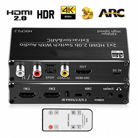 SWITCH HDMI 2.0 2x1 ROZDZIELAC EKSTRAKTOR SPDIF 4K