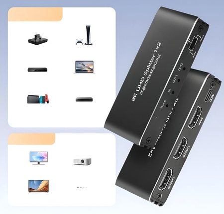 SPLITTER HDMI 2.1 1x2 ROZDZIELACZ ULTRAHD HDCP 2.3 8K60HZ 4K 120HZ - 2 TV