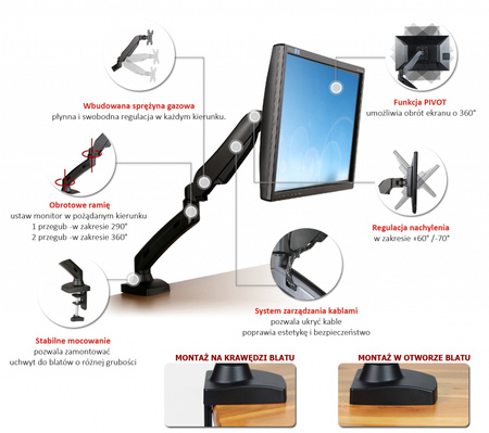 UCHWYT BIURKOWY GAZOWY DO 1 MONITORA LED/LCD 13-27" L-11GD ART