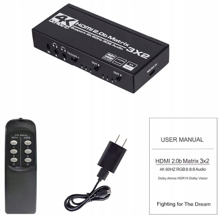 MATRIX HDMI 2.0 3x2 Switch Splitter Ekstrakt SPDIF