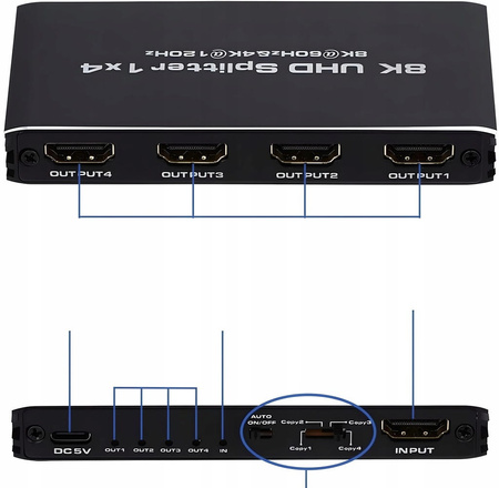 SPLITTER HDMI 2.1 1x4 ROZDZIELACZ ULTRAHD HDCP 2.3 8K60HZ 4K 120HZ - 4 TV