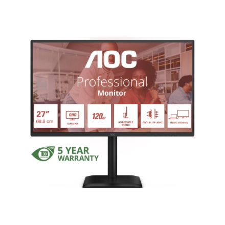 AOC Q27E4CV | 27 " | IPS | QHD | 16:9 | 120 Hz | 4 ms | 2560 x 1440 pixels | 350 cd/m² | HDMI ports quantity 1 | Black