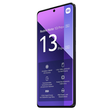 Xiaomi Redmi Note 13 Pro+ Midnight Black 6.67 " AMOLED 1220 x 2712 pixels Mediatek Dimensity 7200 Ultra Internal RAM 12 GB 128 GB Dual SIM Nano-SIM 5G Main camera 200+8+2 MP Secondary camera 16 MP Android 13 5000 mAh