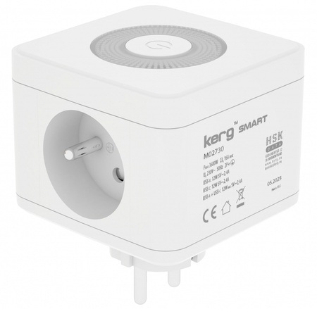 Kostka zasilająca 2-gniazdowa + ładowarka USB-A+USB-C + lampka LED 16A/250V~ KERG Smart biała