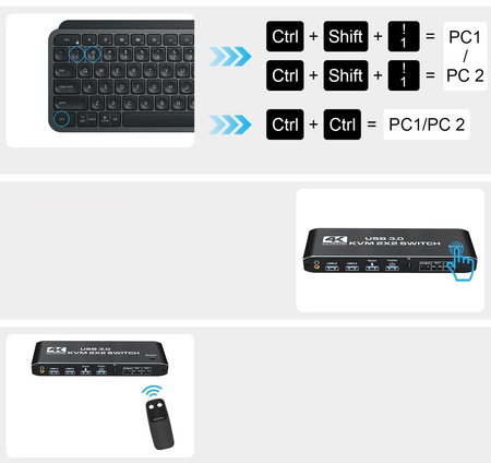 KONSOLA KVM HDMI 2.0 Przełącznik Switch 2 monitory