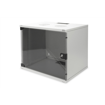 Digitus 9U wall mounting cabinet DN-19 09-U-S-1 Grey Safety class rating IP20. Lockable safety-glass door. 200° door opening angle. Front door: Glass door, single opening. Unmounted 460x540x400 mm. SOHO