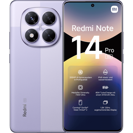 Xiaomi Redmi | Note 14 Pro | Lavender Purple | 6.67 " | AMOLED | 1220 x 2712 pixels | Mediatek | Internal RAM 8 GB | 256 GB | Dual SIM | 5G | Main camera resolution 50+8+2 MP | Secondary camera resolution 20 MP | Android | 14