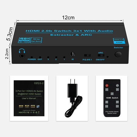 SWITCH HDMI 2.0 3x1 EKSTRAKTOR SPDIF HDCP 2.2 HDR