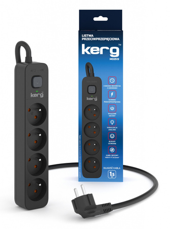 Urządz. zas.-zabezpiecz. KERG z wyłącznikiem-4 gniazda-czarny-1,5m-16A-H05VV-F-3x1,5mm2