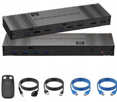 KVM Switch HDMI DP 2x2 KONSOLA PRZEŁĄCZNIK DISPLAYPORT 2 Monitory 4xUSB 3.0