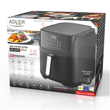 Adler AD 6317 Air Fryer Oven, 12 programs, 5.5 L, Black