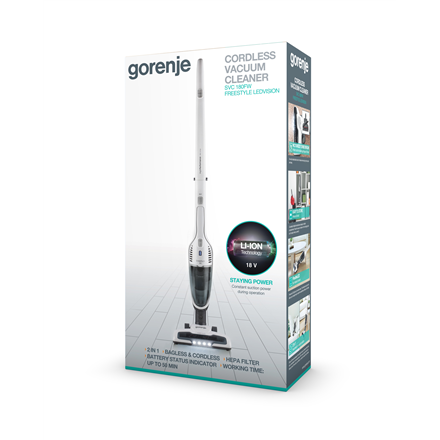 Gorenje Vacuum cleaner SVC180FW Handstick 2in1, Handstick, 18 V, Operating time (max) 50 min, White, Warranty 24 month(s), Battery warranty 12 month(s)