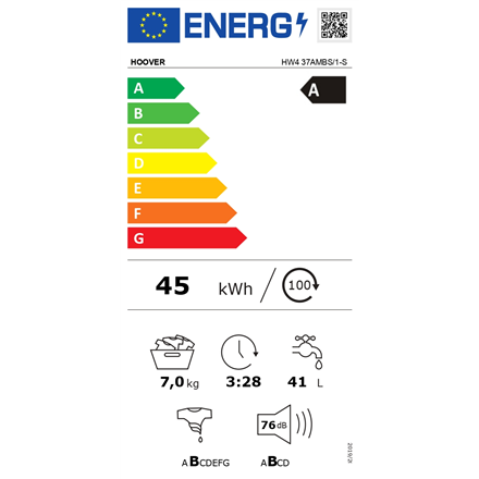 Hoover Washing Machine HW437AMBS/1-S Energy efficiency class A Front loading Washing capacity 7 kg 1300 RPM Depth 46 cm Width 60 cm Display LCD Steam function Wi-Fi White