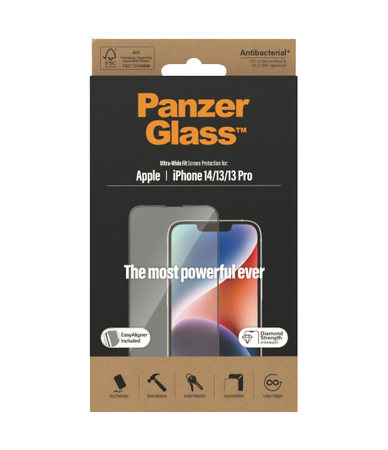 PanzerGlass | Screen protector | Apple | iPhone 14/13/13 Pro | Tempered Glass | Transparent | Fingerprint resistant; Diamond strength; Ultra-Wide Fit
