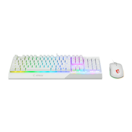 MSI Vigor GK30 COMBO WHITE Keyboard and Mouse Set Wired Mouse included Keyboard stunning RGB lighting effects in 6 areas. CLUTCH GM11 gaming mouse Stunning RGB lighting with over 7 lighting effects. 5-level DPI sensor matches with 5 different colors US Wh