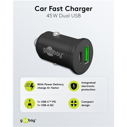 Goobay 61739 Dual-USB Car Fast Charger USB-C PD, 45 W