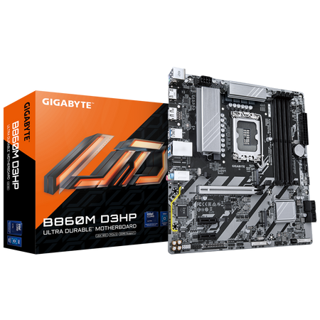 Gigabyte B860M D3HP | Processor family Intel | Processor socket LGA1851 | DDR5 | Supported hard disk drive interfaces M.2, SATA | Number of SATA connectors 4
