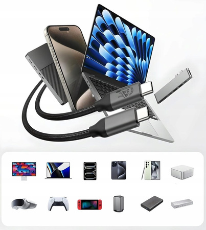 KABEL USB4 Thunderbolt 4 240W 40Gbps 120Hz PRZEWÓD USB C NYLON OPLOT 1,5M