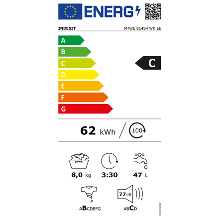 INDESIT Washing machine MTWE 81484 WK EE Energy efficiency class C, Front loading, Washing capacity 8 kg, 1400 RPM, Depth 60.5 cm, Width 59.5 cm, Display, Digital, White