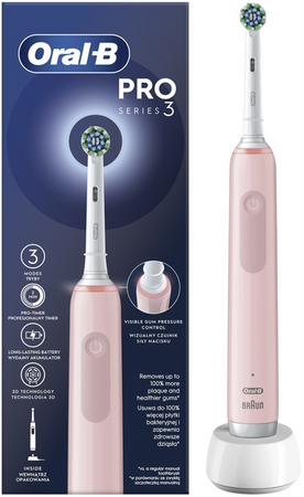 Oral-B Electric Toothbrush | Pro3 Pink X-Clean | Rechargeable | For adults | Number of brush heads included 1 | Number of teeth brushing modes 3 | Pink