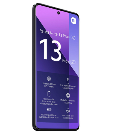 Xiaomi Redmi Note 13 Pro+ Midnight Black 6.67 " AMOLED 1220 x 2712 pixels Mediatek Dimensity 7200 Ultra Internal RAM 12 GB 128 GB Dual SIM Nano-SIM 5G Main camera 200+8+2 MP Secondary camera 16 MP Android 13 5000 mAh