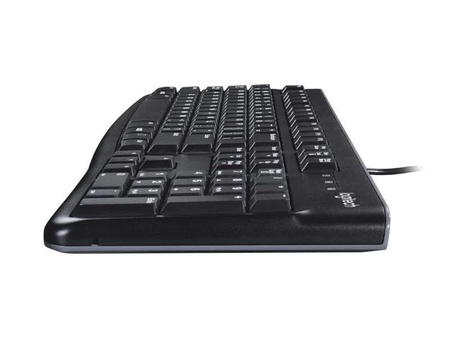 Logitech K120, US Standard Wired • Virtually silent, low-profile keys• Industry standard layout with full-size F-keys and number pad• Sleek, thin profile keyboard with a spill-resistant design*• Plug-and-play USB connection• Bold, bright white characters 