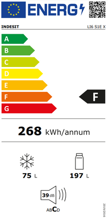 INDESIT Refrigerator LI6 S1E X Energy efficiency class F Free standing Combi Height 158.8 cm Fridge net capacity 197 L Freezer net capacity 75 L 39 dB Inox