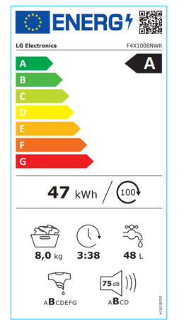 LG Washing Machine | F4X1008NWK | Energy efficiency class A | Front loading | Washing capacity 8 kg | 1350 RPM | Depth 56 cm | Width 60 cm | LED | Steam function | Direct drive | Wi-Fi | White